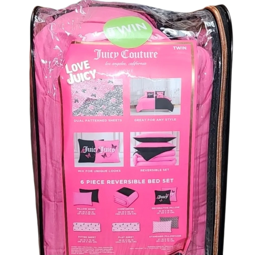 Juicy Couture 6 Piece Reversible Comforter Bed Set Pink & Black / Leopard - New